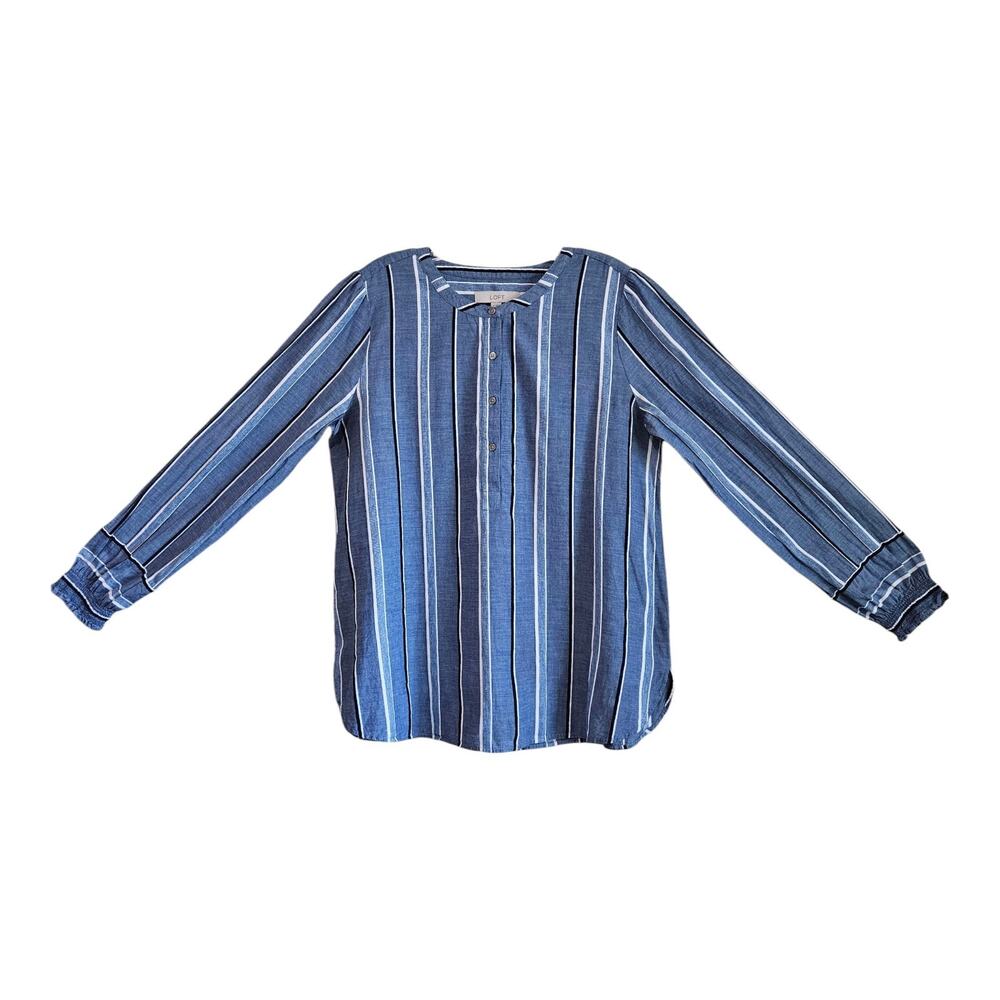 LOFT Ann Taylor Size M Blouse Blue White Vertical Striped 1/2 Buttons Cotton 40"